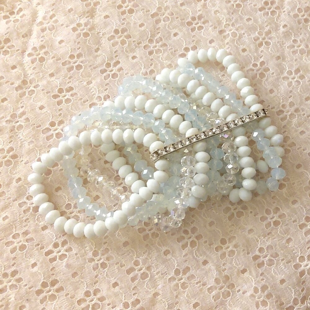 New Clear Crystal Multi Row White Clear and Light Blue Beads Stretch Bangle